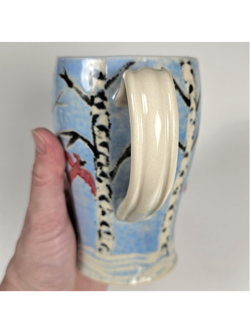 Mindy Sisk Handmade Pottery Mug Birch Trees Red Cardinal Winter Ceramic Cup 5" - Picture 7 of 9